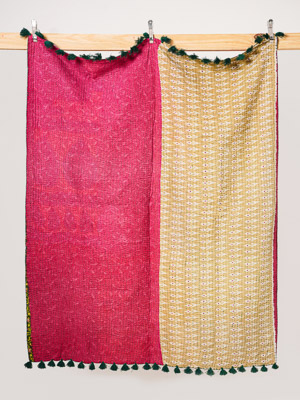 Rose Cream Vintage Sari Kantha Throw