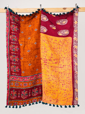 Saffron Paisley Garden Kantha Throw Quilt