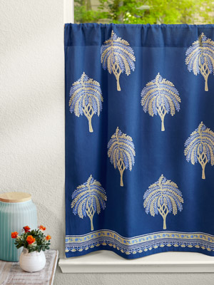 Istanbul - CP ~ Palm Tree Boho Style Navy Blue Kitchen Curtain