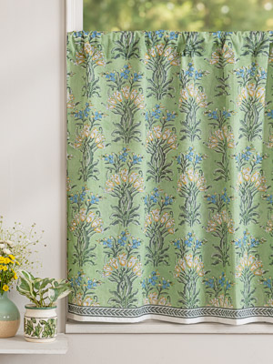 Jardin des Tuileries ~ French Green Floral Voile Kitchen Curtain