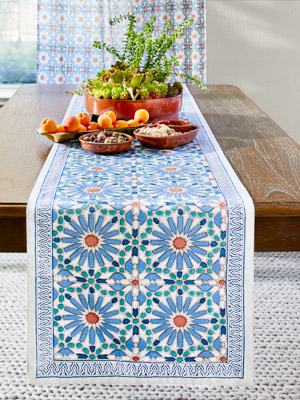 Mosaique Bleue - Sky ~ Moroccan Tile Print Blue Table Runner