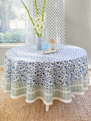 Moonlit Taj ~  Turquoise Elegant Floral Round Indian Tablecloth