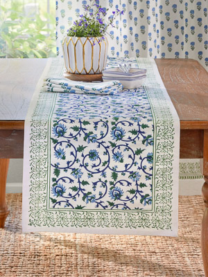 Moonlit Taj ~ Elegant Floral White Green Table Runner