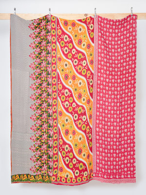 Golden Lotus Courtyard Queen Kantha Quilt