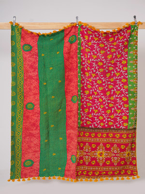 Green Rose Garden Vintage Sari Kantha Throw