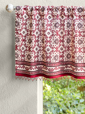 Ruby Kilim (CP) ~ Rustic Red Sheer Beaded Window Valance