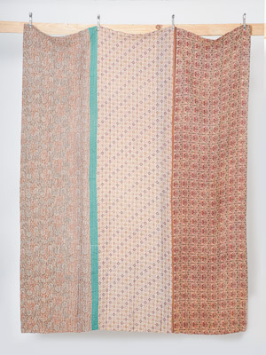 Ivory Jasmine Garden Queen Kantha Quilt