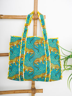 Turquoise Cheetah Trails ~ Quilted Cotton Shopping Tote Bag