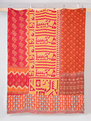 Coral Saffron Tapestry King Kantha Quilt
