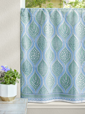 Woodland Ferns ~ White, Light Blue, Sage Green Kitchen Curtain