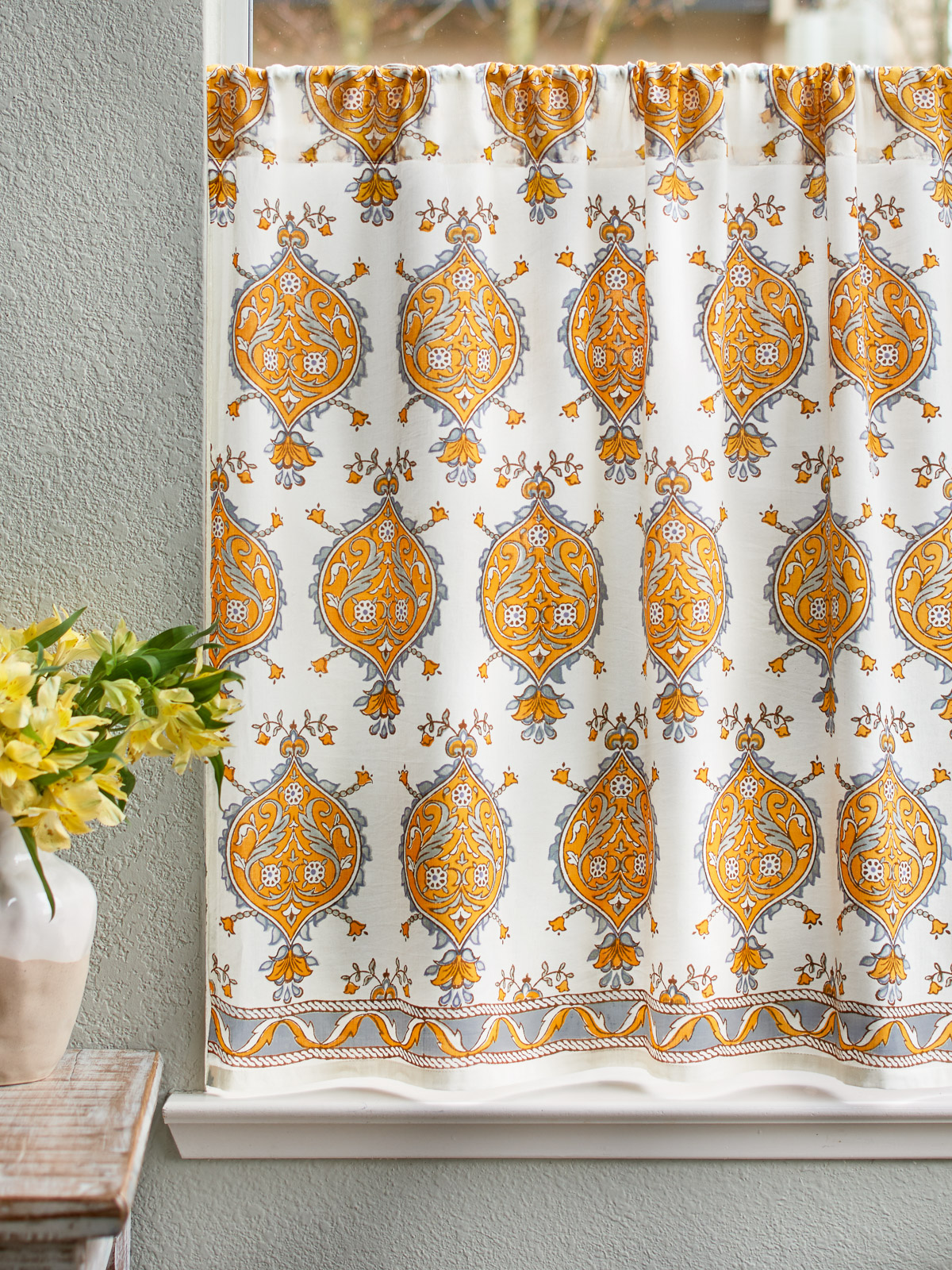 Versailles ~ French Yellow Grey Medallion White Kitchen Curtain