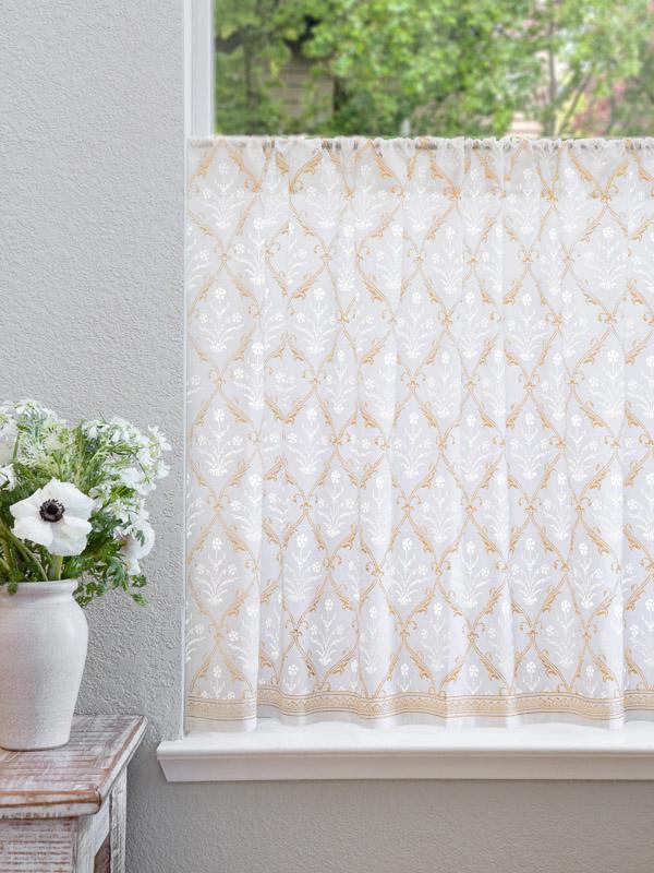 Victorian Lilac Ivory and Gold~White Gold Floral Kitchen Curtain