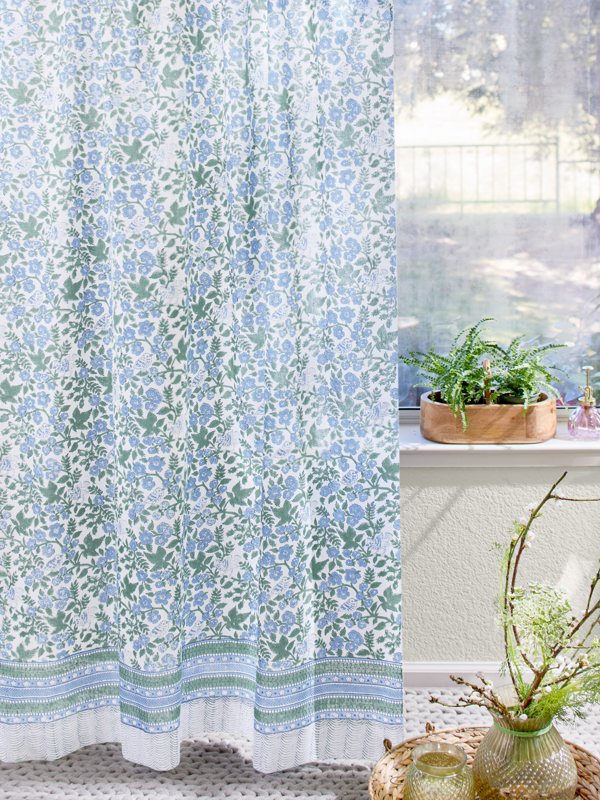 Woodland Ferns (CP) ~ Sheer White, Sage Green Curtain Panel