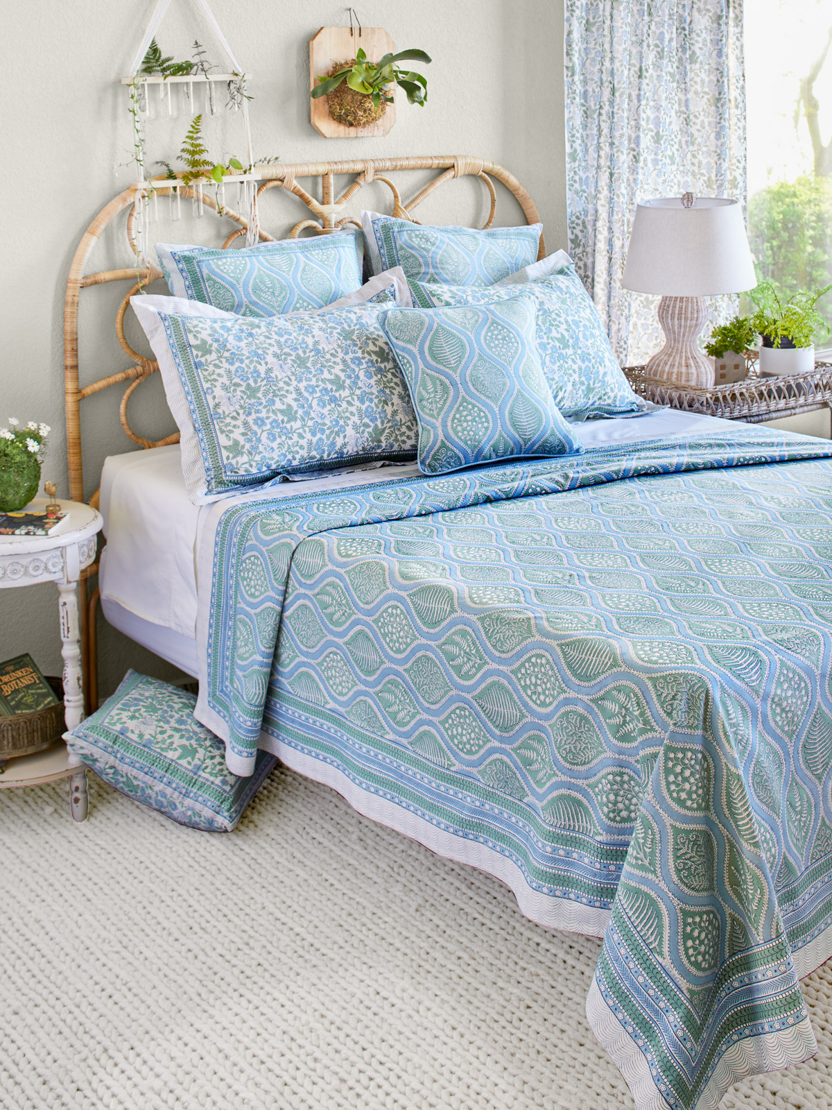 Woodland Ferns ~ Sage Green, Light Blue Lightweight Bedspread