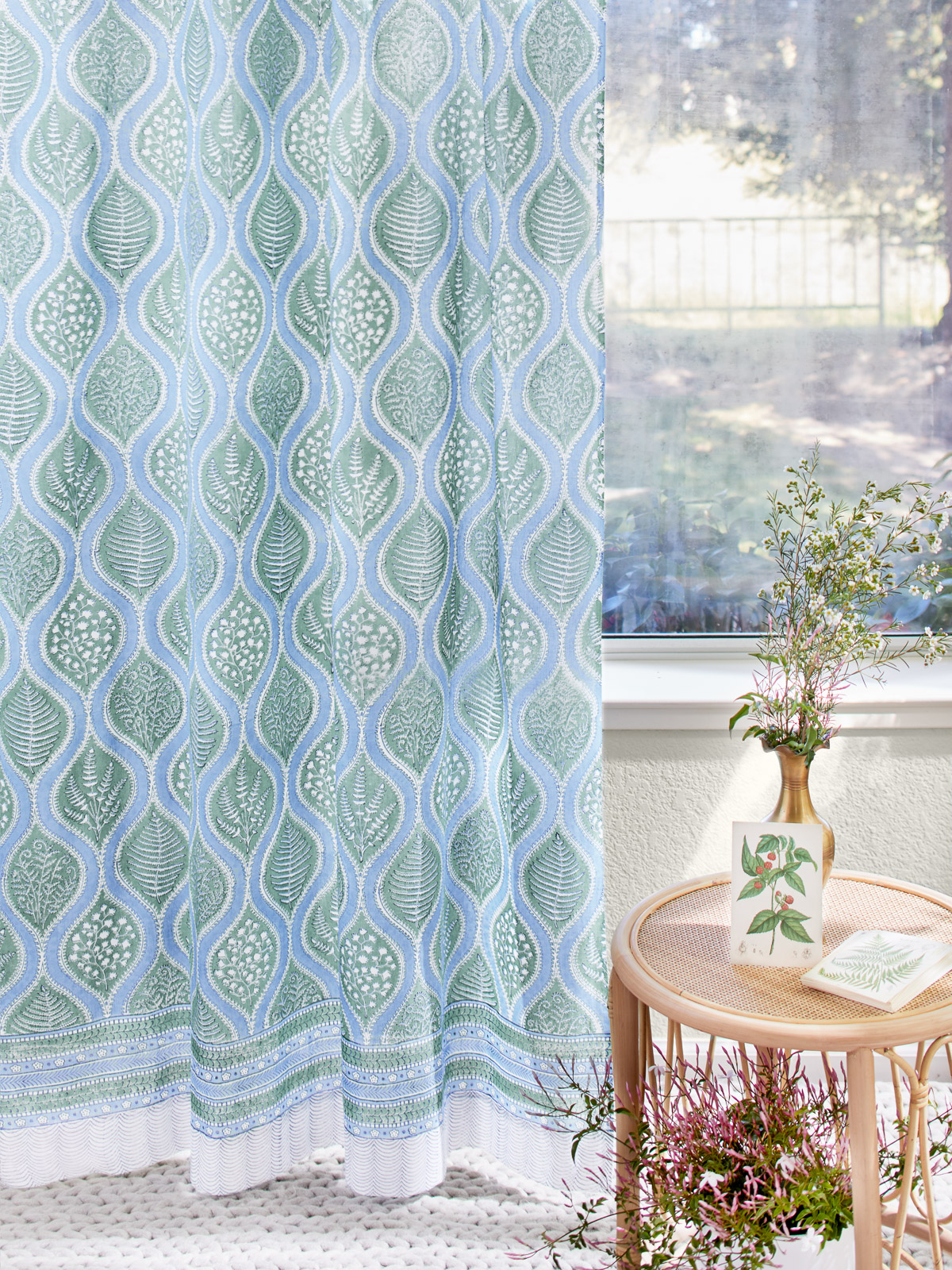 Woodland Ferns ~ Sheer Light Blue, Sage Green Curtain Panel
