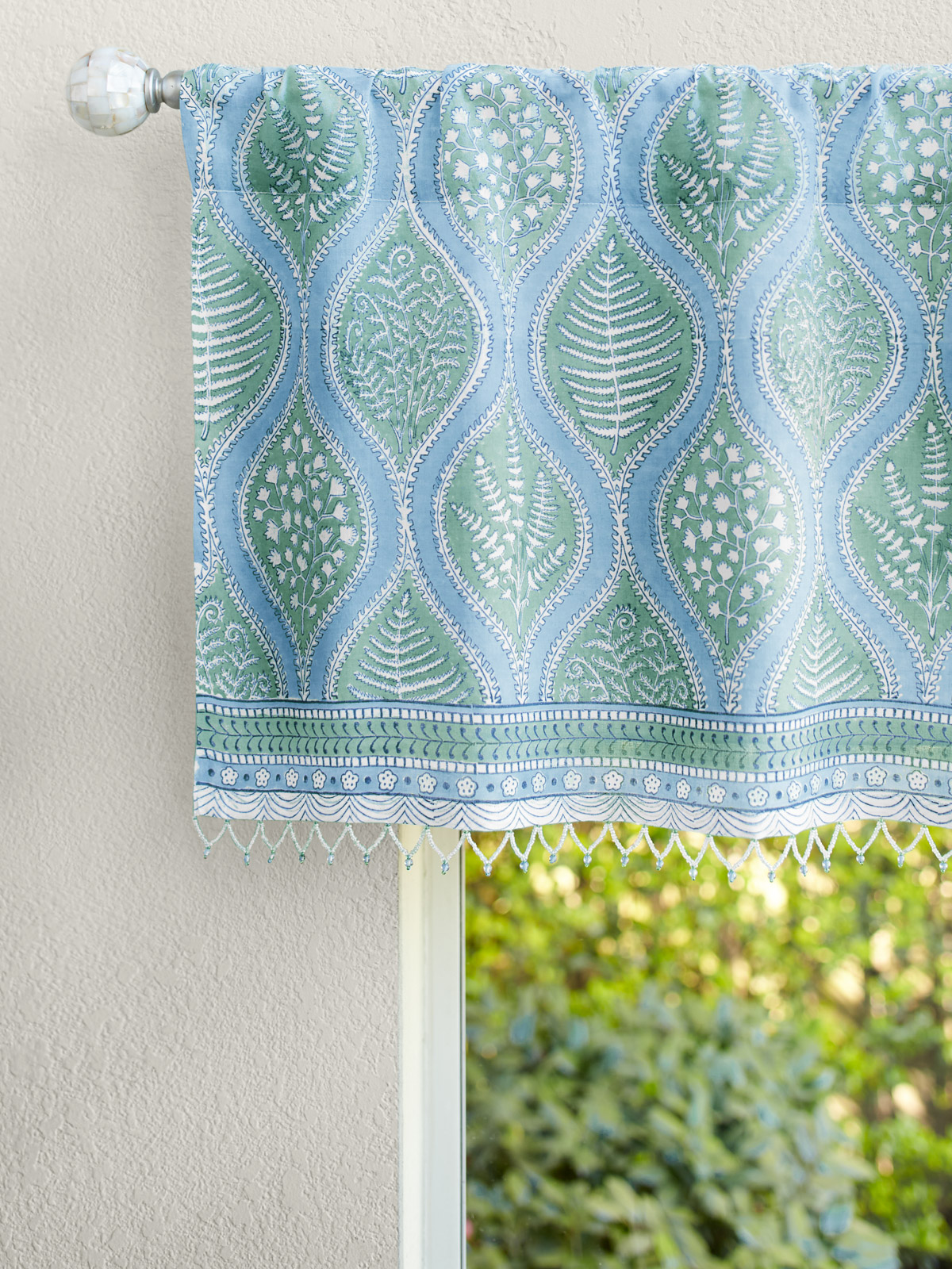 Woodland Ferns ~ Botanical Blue, White, Sage Green Valance