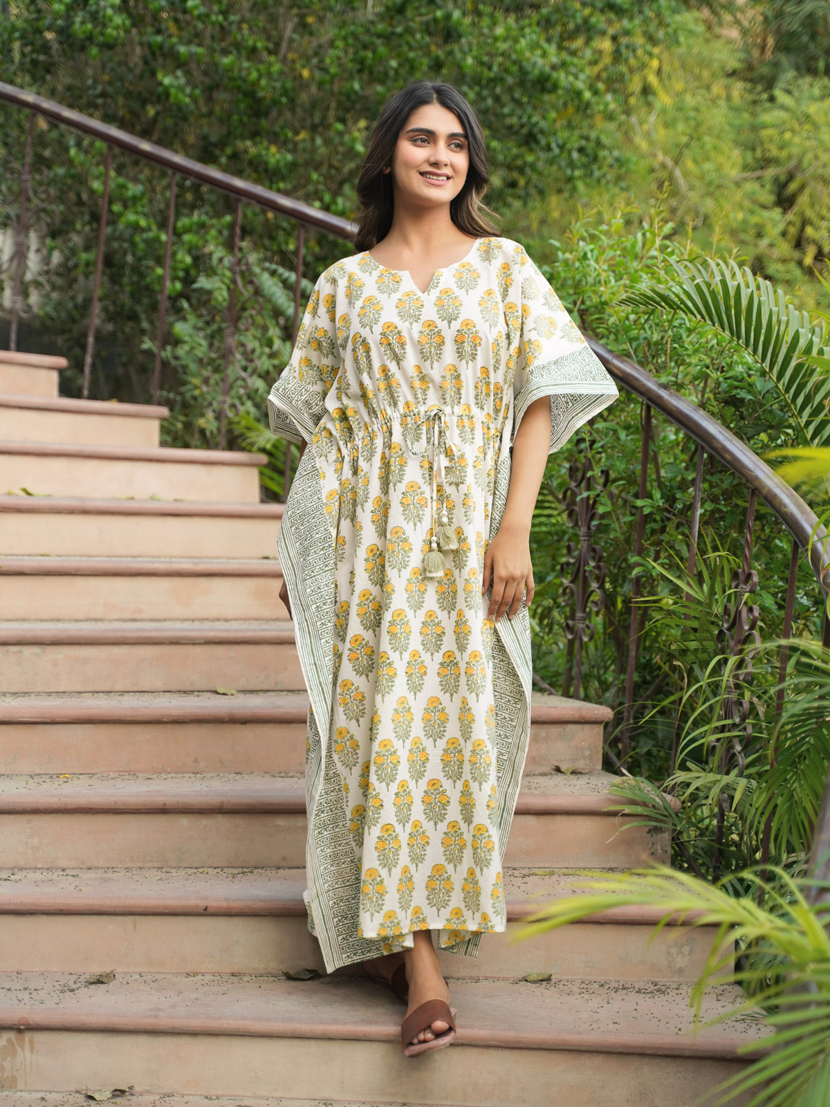 Yellow Roses ~ Long Kaftan, Floral Resort Lounge Wear