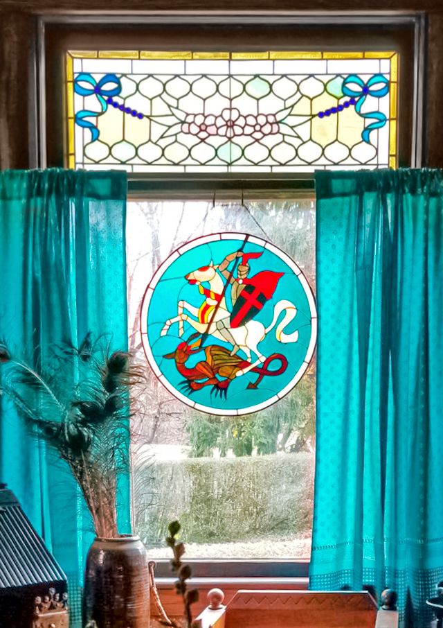 stained glass window, teal curtains, peacock feathers, bohemian home decor