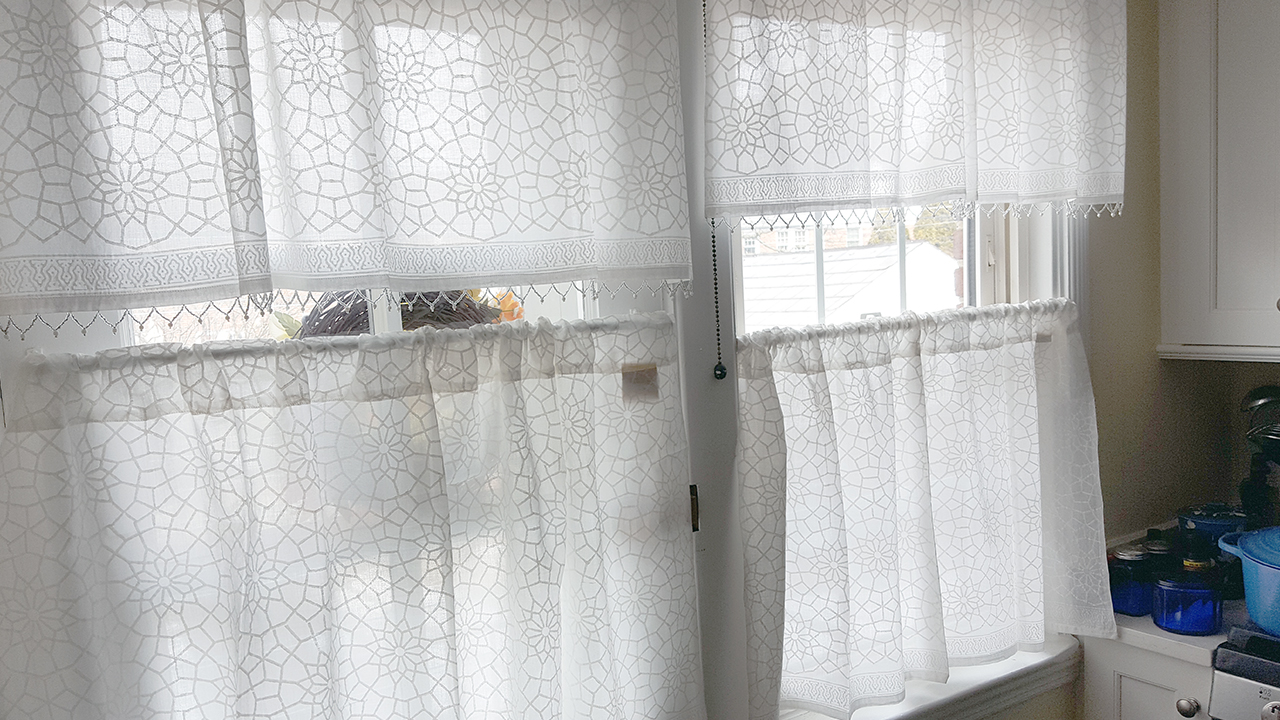 grey and white cafe curtains for kitchen